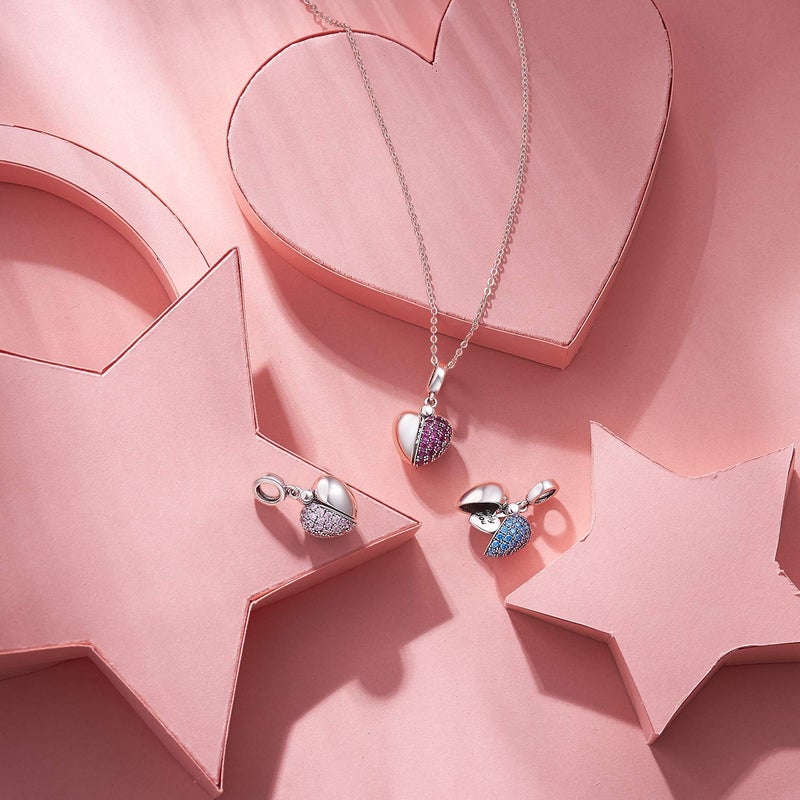 NINGAN â€œYou & Meâ€ Pink Heart Pendant Love Charm 925 Sterling Silver Dangle Charms Compatible with Major European Bracelets & Necklaces - Image 2